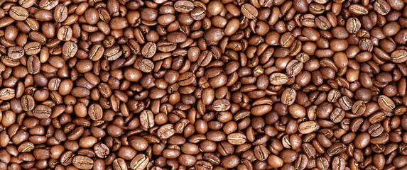 Roasted coffee beans texture for background. Organic natural roast grain background with copy space for text, top view. Close up grains flat lay. Healthy food macro concept.