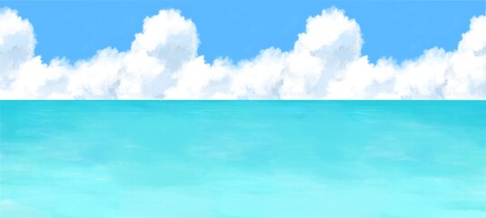 Obraz na płótnie Canvas 海と入道雲の背景イラスト　壁紙　バナー