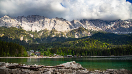 View on the beautiful zugspitze mountain and the eibsee in bavaria, germany