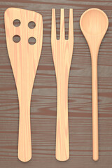 Wooden kitchen utensils, tools and equipment on wooden background.
