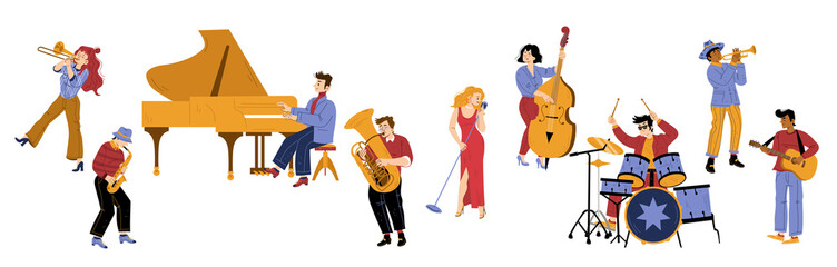 Jazz band vibe, artists performing music on stage. Men and woman playing on instruments drum, saxophone, trumpet and double bass. Musical concert, performance, show, Line art flat vector illustration
