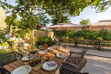 Food served outdoor on a long table