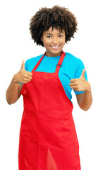 Pretty african american clerk or waitress showing both thumbs up