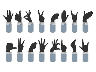 Set of hand gesture silhouettes. Graphics. Vector. On white background. Used as a pointer, sign, symbol, emblem, stencil. Can be used for printing in web design.