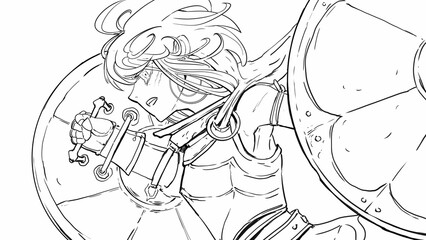 An enraged anime girl rushes into battle with two shields instead of weapons, she has big eyes, plate armor, cloak, and short disheveled hair. 2d comic art
