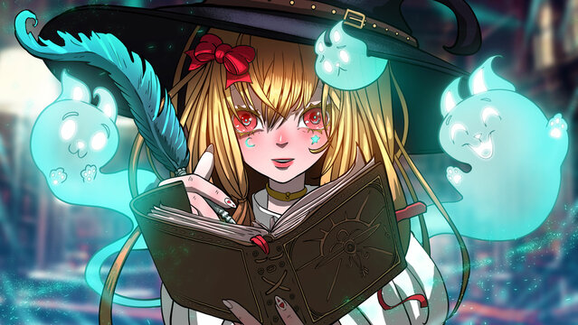 A quirky cute anime girl with blonde tousled hair and red eyes, she is a witch in a hat writing something in her notebook with a magic pen, turquoise ghosts of cute cats are flying around 2d comic art