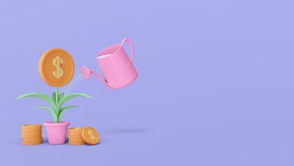 Concept cartoon style investment. Money plant with watering can composition. Money growth 3d illustration.