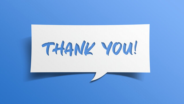 Thank you message cardboard for business, presentation, cards, minimal abstract design with white cut out paper on blue background expressing appreciation, acknowledgment and gratitude.
