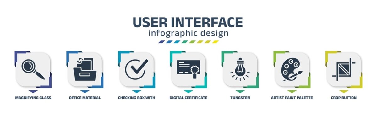 User Interface Infographic Design Template With Magnifying Glass Search Button, Office Material, Checking Box With A Checkmark, Digital Certificate, Tungsten, Artist Paint Palette, Crop Button