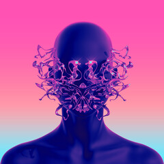 Abstract concept sculpture illustration from 3D rendering of front view female figure with anonymous face and liquid chrome metal reflecting face-piece isolated on background in vaporwave style.
