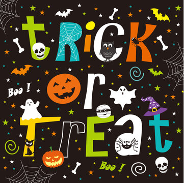 happy halloween card with trick and treat text