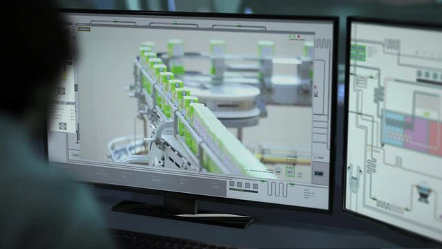 Managing the automated conveyor machinery using a control room panel. Panel overseeing the operation of the conveyor machinery. Panel manipulating the conveyor machinery carrying the product.