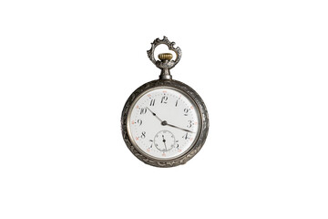 Fototapeta na wymiar Silver mechanical antique pocket watch on white isolated background. Retro pocketwatch with second, minute and hour hand. Old round clock with dial for gentleman. Vintage timepiece.