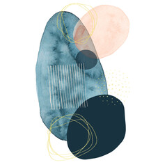 Abstract art background with watercolor texture spots, golden lines, jagged shapes, crooked shapes. Hand drawn. For print, cover, decor, invitation, postcard.