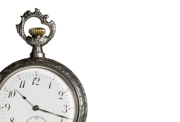 Antique silver clock hanging on a white thread on a white background. Retro clock and place for...