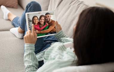 Video Chat. Young Woman Making Online Call With Friends On Digital Tablet