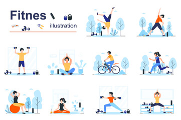 Fitness concept scenes seo with tiny people in flat design. Men and women doing yoga asanas, bodybuilding, cycling, running, exercising in gym. Vector illustration visual stories collection for web - obrazy, fototapety, plakaty
