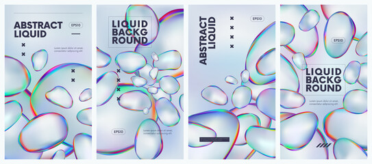 Collection fluid holographic background with iridescent gasoline bubble, chrome-plated liquid forms with multicolored transfusion, colorful refrex on lead drops, vector illustration