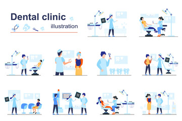 Dental clinic concept scenes seo with tiny people in flat design. Men and women visiting dentist office for tooth treatment, hygiene procedure. Vector illustration visual stories collection for web