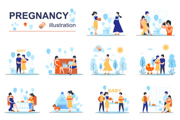 Pregnancy concept scenes seo with tiny people in flat design. Mom and dad expecting kid, celebrating baby shower party, child birthday celebrate. Vector illustration visual stories collection for web