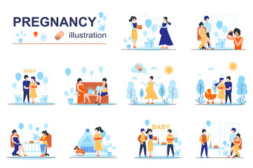 Fototapeta premium Pregnancy concept scenes seo with tiny people in flat design. Mom and dad expecting kid, celebrating baby shower party, child birthday celebrate. Vector illustration visual stories collection for web