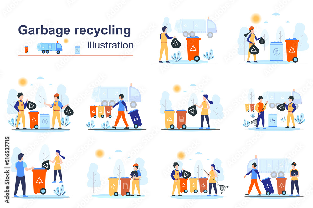 Aufkleber garbage recycling concept scenes seo with tiny people in flat design. men and women collect and sepa