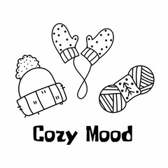 Cute doodle set with mittens, wool, knitting. Hand drawn vector illustration. Winter elements for greeting cards, posters, stickers and seasonal design.