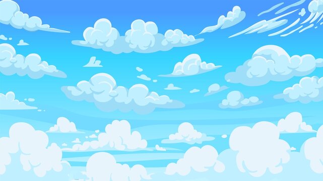 Fototapeta: Cloudy sky background. Cartoon atmospheric anime scenery with  white clouds and sunny blue summer... #516527766 '
