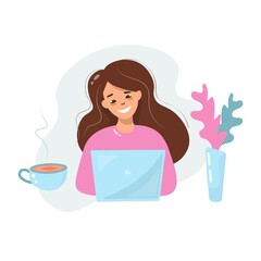 Cute little girl with a computer and a cup of coffee. The concept of positive learning in a comfortable environment. Vector illustration isolated on white background. Flat style.
