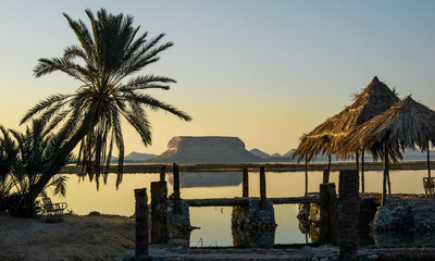 sunset on the island at siwa oasis, egypt