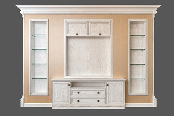 Decorative wall with stucco and built-in wooden bookcases and chest of drawers on grey background. Niches made of ash and painted with light enamel with gray patina