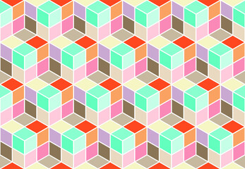 Multi-colored 3d effect cubes repeat pattern in pale orange, blue and pink shades with a white outline, geometric vector illustration