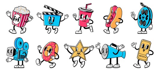 Cartoon movie mascots. Cinema theater and film making accessories characters with cute cheerful emotions, hands and legs. Vector cinematography persons set - obrazy, fototapety, plakaty