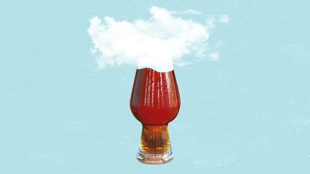 Modern Design, Contemporary Art Collage. Huge Glass With Dark Beer And Foam As Cloud On Light Blue Background. Stop Motion Animation