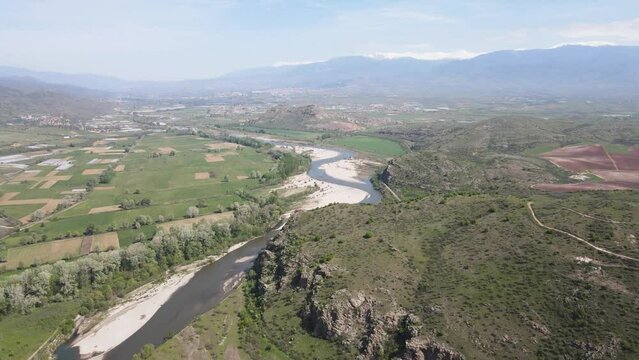 Aerial Spring view of Kozhuh Mountain and Petrich valley, Bulgaria