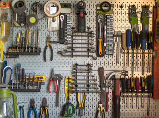 tools in the garage, tools in the board and in the workshop. master stage