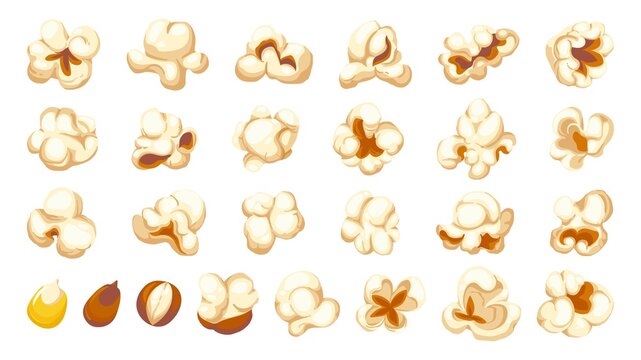 Cartoon popcorn shapes. Film and TV snacks of popping corn, cinema fun food of various shapes. Vector isolated set