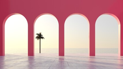 Abstract architectural design on the backdrop of the ocean with sunset and sunrise on the beach - 3d render. Bright arches in the wall overlooking the sea and tropical palm trees - card for travel.