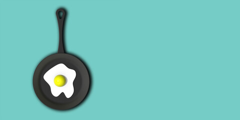 a fried egg in frying pan on pastel green blue background. top view of hot device. chicken egg is grilled. Banner for insertion into site. Place for text cope space. 3D image. 3D rendering.