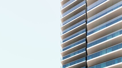 Architectural construction against the blue sky. 3d render illustration with copy space. Simple, stylish, popular architectural illustration for advertising, business, presentations, wallpapers.