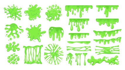 Cartoon slime. Green sticky drips and toxic jelly splatter, messy colored dripping goo, colorful spooky blob. Vector isolated set of splashes and slimes - obrazy, fototapety, plakaty