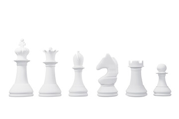 3D rendering of 6 white chess pieces standing side by side. Chess set Leisure and games. There are both large and small pieces. business planning ideas isolated white background