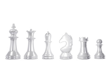 3D rendering of 6 silver chess pieces standing side by side. Chess set, leisure and games. There are both large and small pieces. business planning concept isolated on white background