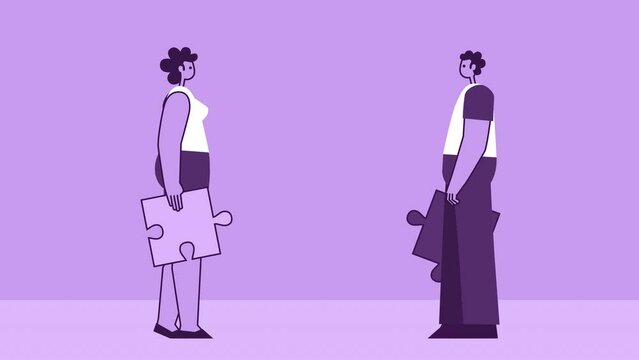 Purple Style Man and Woman Flat Character Put Together Puzzles. Business Teamwork Concept. Isolated Loop Animation with Alpha Channel