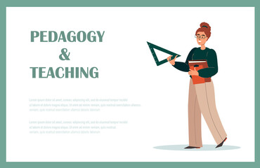 Secondary Education Landing Page Template.Teacher with Protractor Isolated on White Background.Female Character Explain Lesson to Students in Classroom,Education Concept. People Vector Illustration