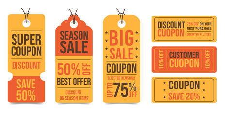 Big set of discount coupons and labels for sale. Big Sale Coupon, Super Coupon, Discount Ticket Collection. Vector illustration of banner template with season sale isolated on white background