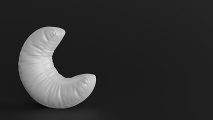 Inflatable toy soft glossy silver crescent moon on a black background. Place for text. 3d rendering illustration. Time to sleep.