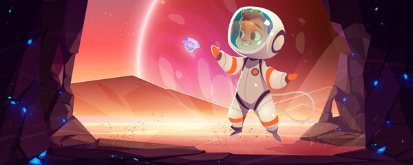 Cute astronaut collect bonus crystals on alien planet in space. Baby cosmonaut flying in weightlessness catch glowing gems on extraterrestrial landscape with glowing lava, Cartoon vector illustration