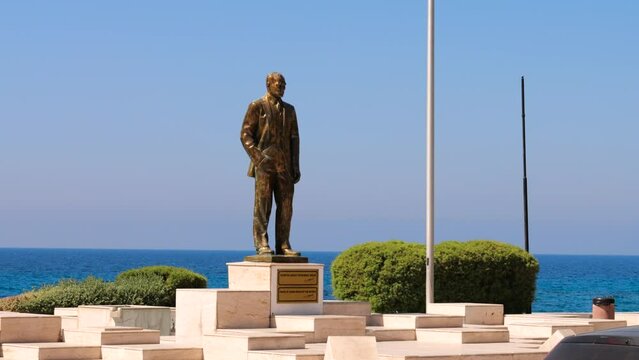 View Of Ataturk Monument at Main square. Seaside promenade in Kyrenia
