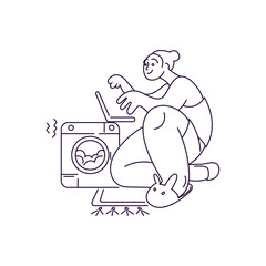 funny linear illustration on the theme of working from home with a stylized girl sitting at a computer against the background of a working washing machine